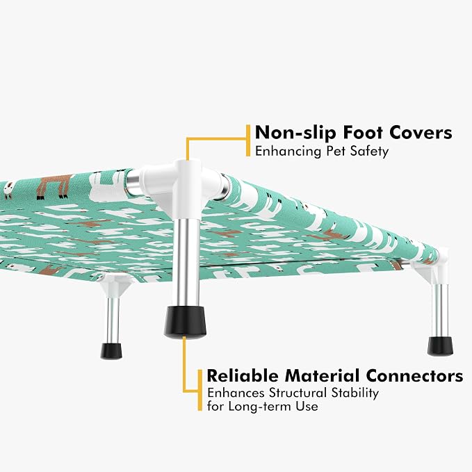 Cute Alpaca Print Elevated Dog Bed - Portable Cooling Pet Cot for Medium Dogs - Breathable Thickened Fabric Hammock, Crate Compatible, Indoor & Outdoor Use