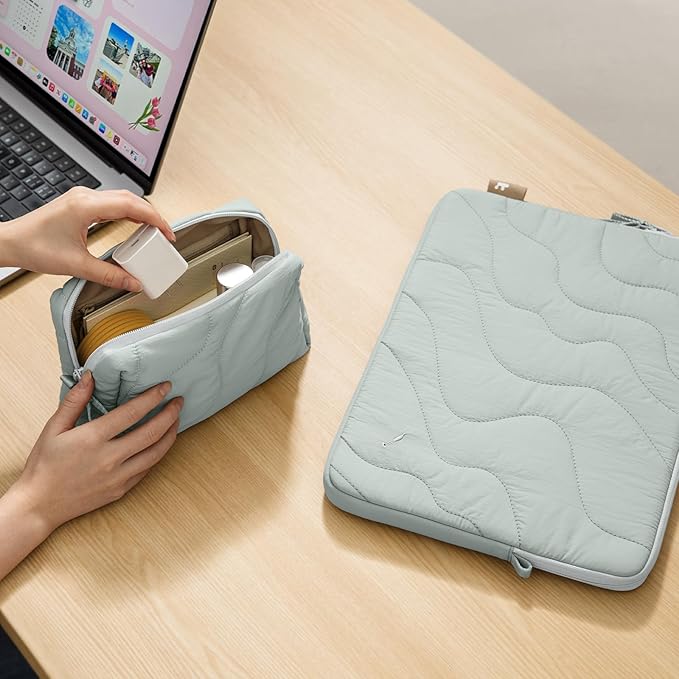 tomtoc 360 Protective Puffy Laptop Sleeve Kit for 14-inch MacBook Pro M5 2026 A3426 A3427/M4/M3/M2/M1 Pro/Max A3434 A3112, Quilted Soft Puffer Computer Bag with Tech Pouch for 13.8" Surface Laptop 7