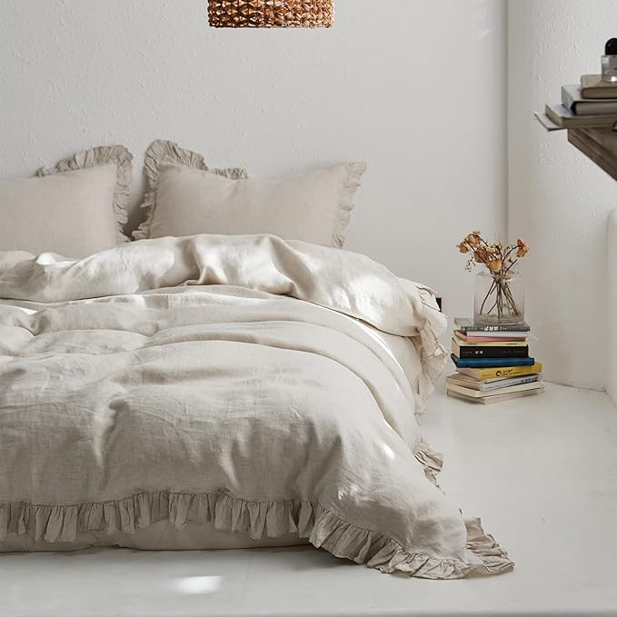100% French Linen Euro Shams with Ruffles - Set of 2 - Washed Solid Color Natural Flax Soft Breathable Pillow Covers - Linen, 26'' x 26''