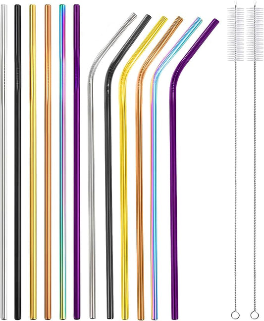 12 Pack 10.5" * 0.24" Stainless Steel Straws with 2 Cleaning Brushes, 6 Straight + 6 Bent Mental Straws, Compatible with 30oz Tumblers(Silver/Black/Gold/Rose Gold/Purple/Rainbow)