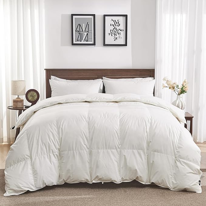 Goose Feather Down Fiber Comforter Oversized King - 100% Organic Cotton Shell All Season Duvet Insert, Medium Warmth Hotel Luxury Bedding Comforter(120x98 Inch, White)