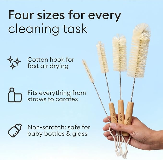Vove Bottle Brush Set, 4 Natural Sisal Bottle Brushes with Long Bamboo Handles, Plastic-Free Bottle & Straw Cleaner Set, Zero Waste, Stainless Steel Wire, FSC Certified Bamboo, Kraft Packaging