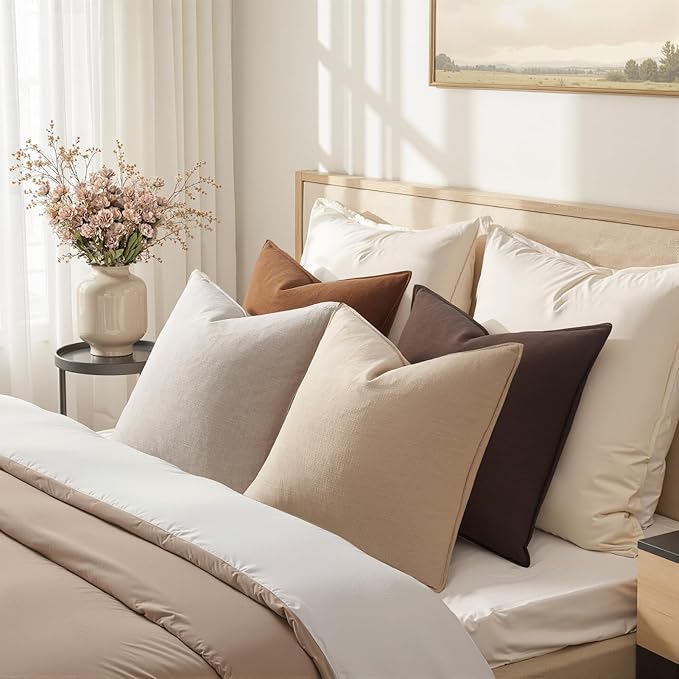 Neutral Brown Linen Pillow Covers Pack of 4 Decorative Natural Solid Throw Pillow Covers Soft Accent Boho Farmhouse Couch Pillowcases Modern Home Decors for Living Room Bed Sofa 18x18 Inch