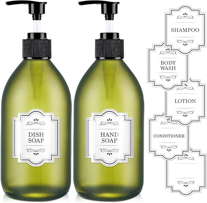 16 oz Frosted Green Glass Soap Dispenser with Pump, Glass Pump Bottle for Lotion Body Oil, 500ml Hand and Dish Soap Dispensers Set with Storage Caps, Labels - 2 Pack