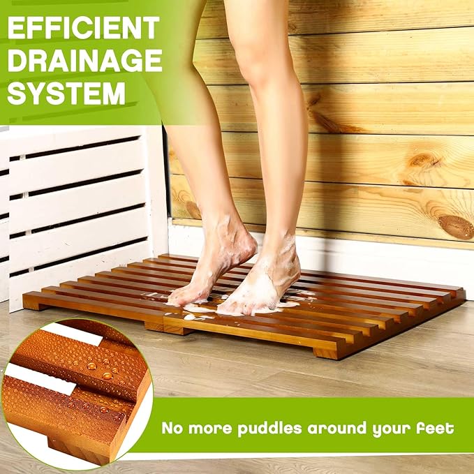 Geelin Wood Bath Mat 26'' x 16'' Foldable Shower Mat Bathroom Non Slip Waterproof Wooden Shower Rug Bathroom Carpet for Spa Home Bathtub Floor Indoor Outdoor Doorway Patio Sauna Yard Pool, Natural