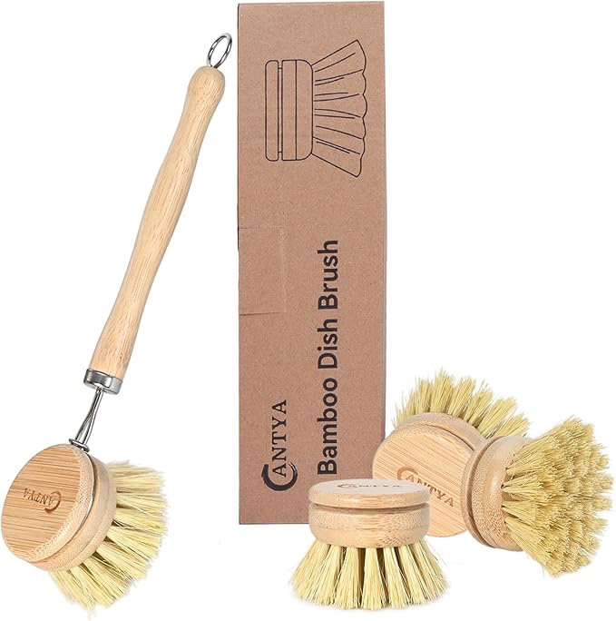Bamboo Dish Brush with Handle - Soft Bristle, Non Toxic Vegetable Brush Scrubber for Food Compostable & Sustainable Kitchen Scrub Brush for Dishes, Pots and Pans