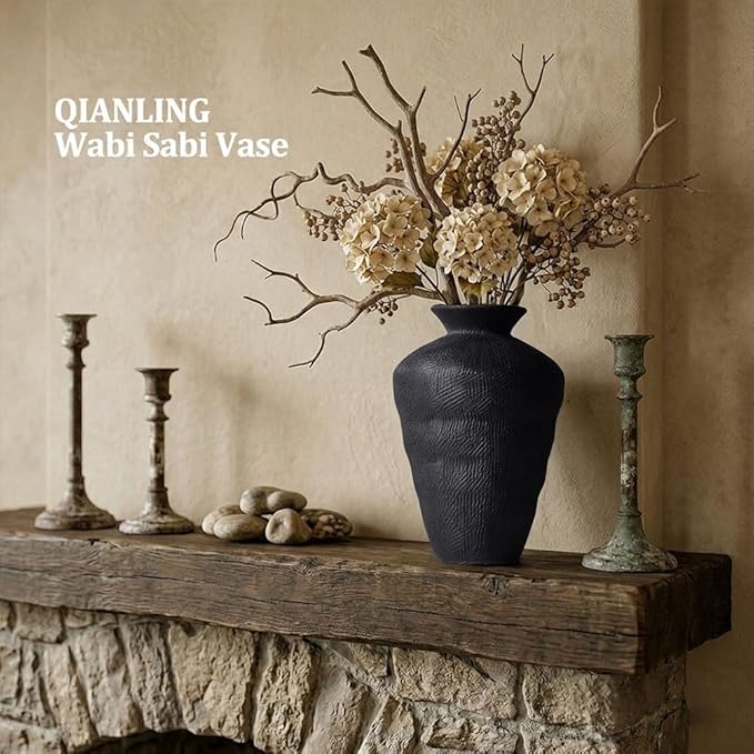 Wabi Sabi Decor Rusty Vintage Vase - 8.7" Tall Rustic Farmhouse Wabi Sabi Vase for Centerpiece, Pottery Stone Flower Vases for Home Decor, Table, Living Room, Bedroom, Bathroom, Kitchen (Black)