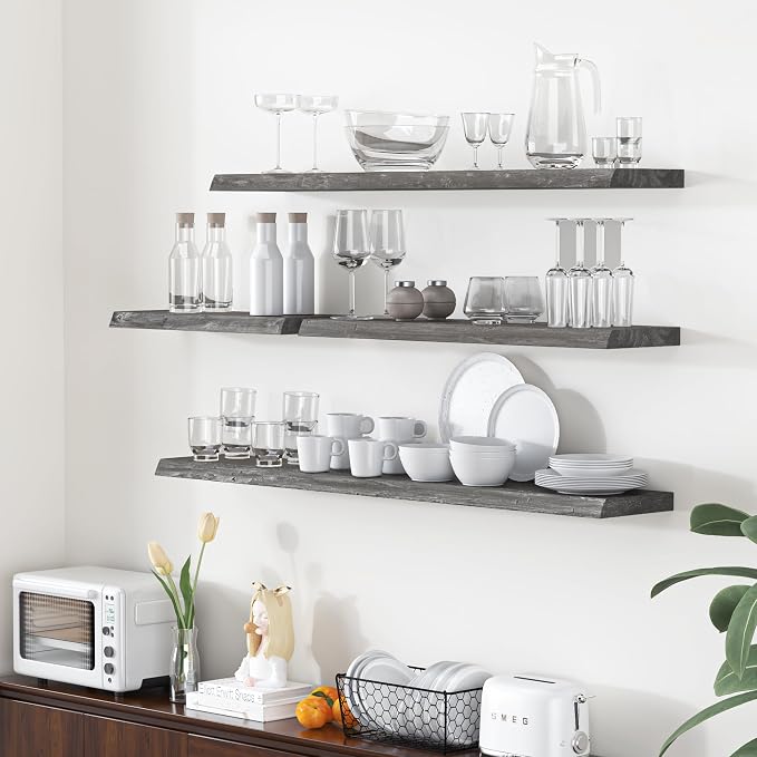Fun Memories Floating Shelves for Wall, 48"x9.3" Rustic Solid Live-Edge Elm Wood Wall Shelves, Heavy-Duty Floating Shelves with Invisible Brackets for Living Room, Bedroom, and Kitchen, Grey Finish