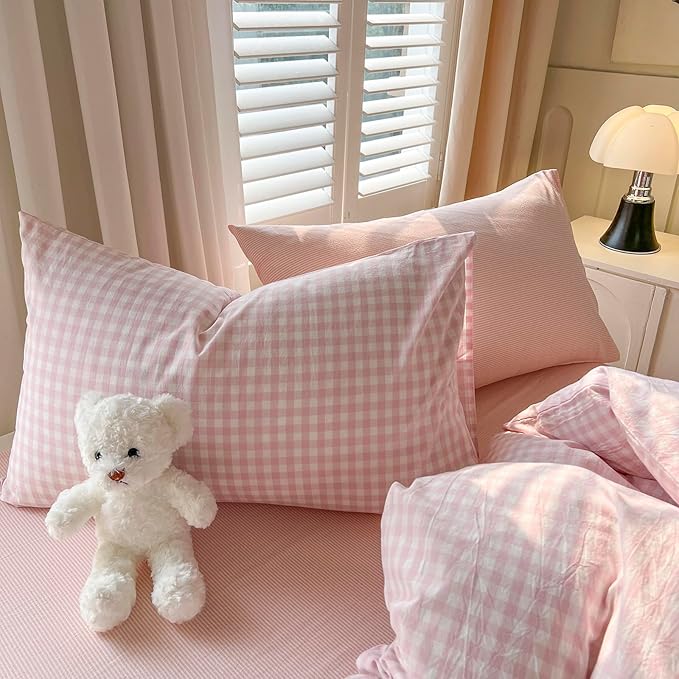 mixinni Light Pink Gingham Duvet Cover Set Twin XL Size - 100% Washed Cotton 3 Piece Plaid Checkered Bedding Set, Soft Comfy Grid Farmhouse Comforter Cover with Zipper Closure & Corner Ties