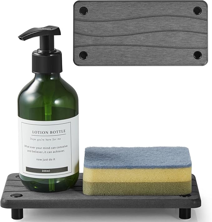 Water Absorbing Stone Sink Tray, 8" Diatomite Tray for Kitchen Bathroom Vanity, Fast Drying Stone Drying Caddy for Soap Dispenser, Sponge Holder with Wavy Groove Design
