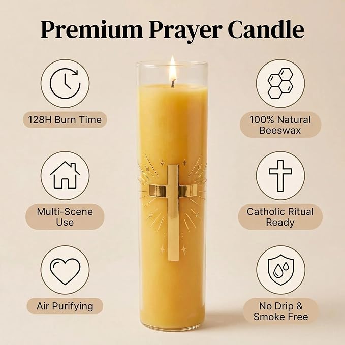 128 Hours Long Burning Beeswax Candles,Pure Beeswax Pillar Candles in Glass Jar,Unscented Natural Beeswax Prayer Candles for Religious Ceremony,Memorial,Vigil,Emergency (Yellow)