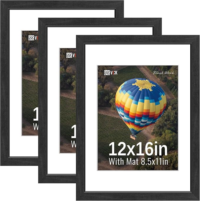 VCK 12x16 Picture Frames Black 3 Pack, Wide Border Solid Wood, Tempered Glass, Display 8.5x11 Photo with Mat or 12 x 16 without, for Home, Office, Gallery, Woodgrain Series, Wall Hanging