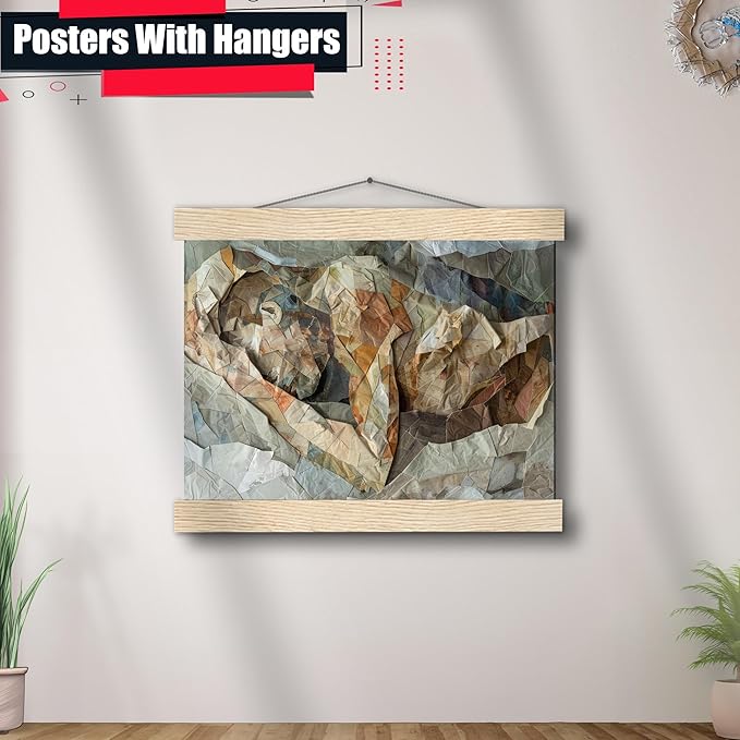 Print artistic nicely depicts a wild mountains, many pieces of fabric and torn paper of different textures and colors, Minimalist Wall Art, Wall