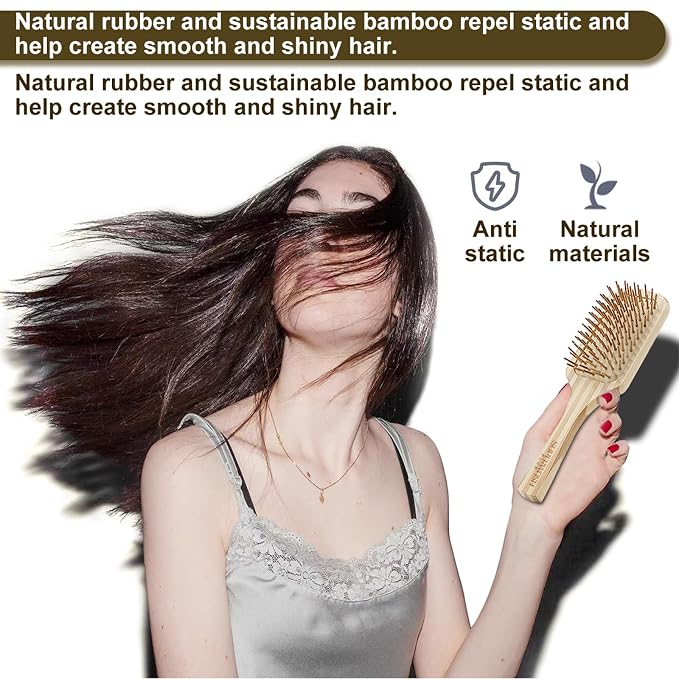 Hair Brush Set for Women & Men, Natural Bamboo Bristles Wet Dry Flat Paddle Detangling Bamboo Brushes Fit All Types Hair, Brush Cleaner Tool included - 3 Pack