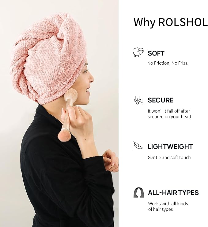 ROLSHOL Extra Large 4 Pack Microfiber Hair Towel Wrap for Women Super Absorbent & Quick Dry Hair Drying Towels with Button, Hair Turbans for Curly Hair Long & Short Hair - Anti-Frizz Coral Pink