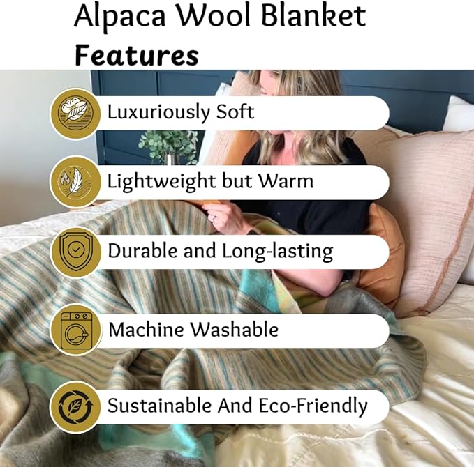 DAVLINA, Alpaca Wool Throw Blanket | Super Soft, Lightweight, Breathable and Hypoallergenic | Non-Itchy or Scratchy (Green Gray Varicolored, Striped)