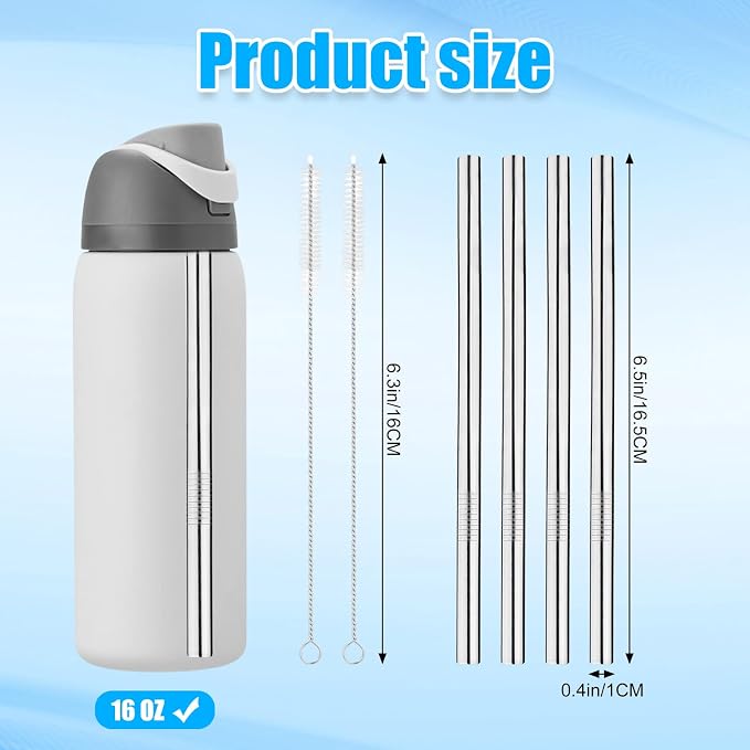 4pcs Metal Straw Replacement Parts for Owala Kids FreeSip Water Bottle 16 oz, Reusable Stainless Steel Tumbler Straw with 2 Straw Cleaner Brush
