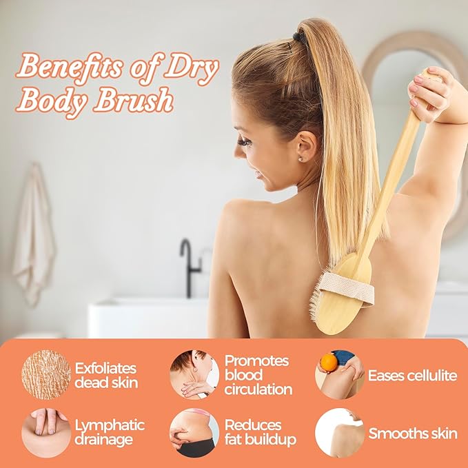 9 Packs Dry Brushing Body Brush Set for Lymphatic Drainage, Cellulite Massager and Scalp Care, Long Handle Dry Brush for Body, Natural Boar Bristle Body Brush Exfoliator