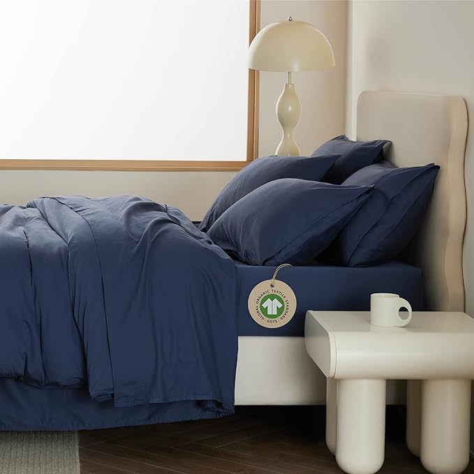 Double Stitch 100% Organic Cotton Sheets, King Size Sheets Set, GOTS Certified Long Staple Cotton Bedsheets, Luxury & Soft Hotel Bed Sheets with 16 inches Deep Pocket, Made in India Navy