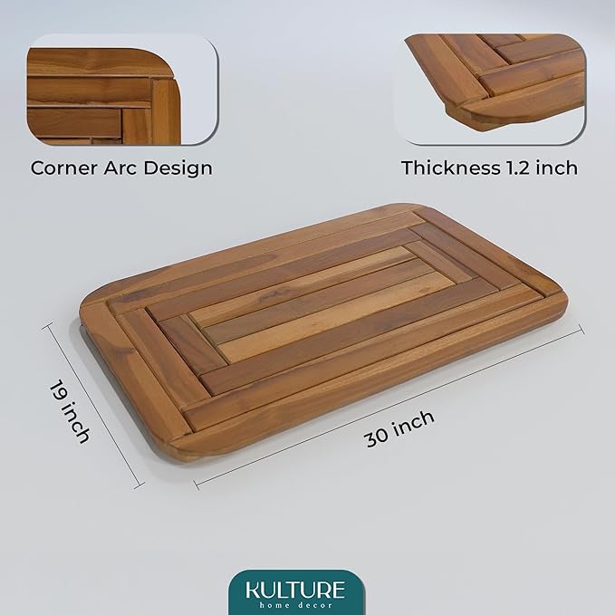 Wooden Bathroom Mat 30x20 in, Teak Shower Mat with Non-Slip Slats, Water Resistant Spa Sauna Shower Floor, Handcrafted in Java