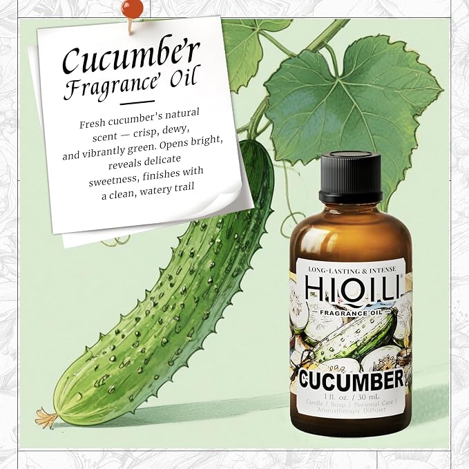 HIQILI Cucumber Fragrance Oil for Diffuser, Soap & Candle Making - 1 Fl Oz | Long-Lasting Fresh Scents for DIY Body Spray, Bath & Skin Products, Pet Safe, Graduated Dropper Included