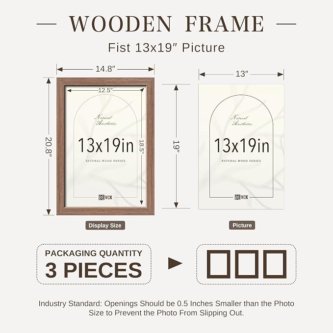 VCK 13x19 Picture Frame 3 Pack - Walnut Solid Wood Poster Frames, Textured Exclusive Wood Wall Gallery Frame