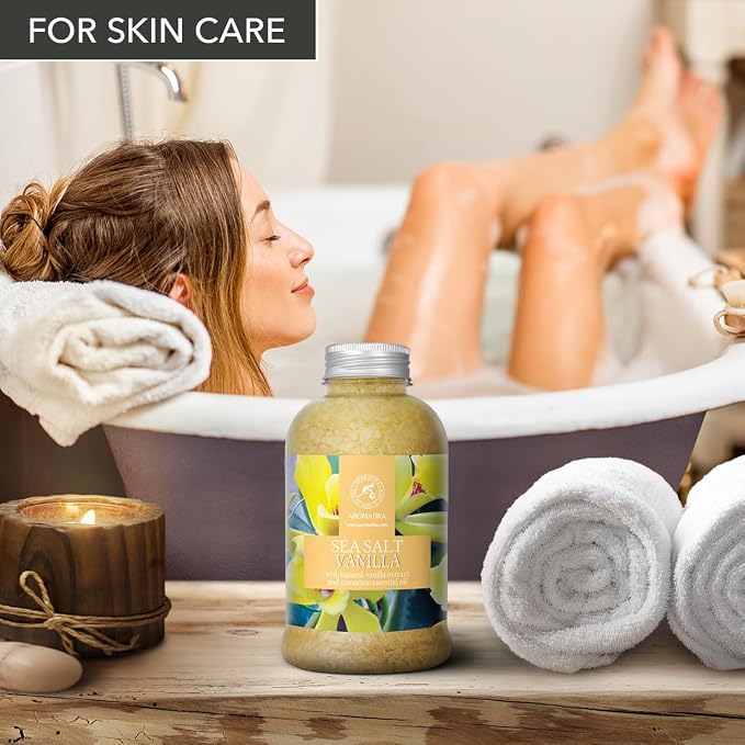 Sea Salt Vanilla 21.16 Oz - w/Vanilla & Cinnamon Essential Oils - Natural Bath Sea Salts - Best for Bath - Good Sleep - Relaxing - Body Care - Beauty (Pack of 2)