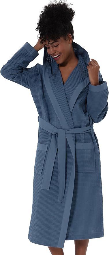 SEYANTE Women's Organic Cotton Waffle Kimono, Hooded Robe – GOTS Certified Lightweight Full-Length Spa Bathrobe with Piping