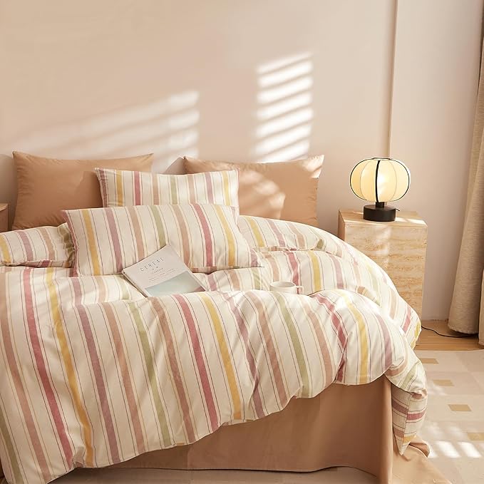 mixinni Vintage Striped Duvet Cover Set Full, 3-Piece Washed Cotton Bedding Set - Soft, Breathable & Colorful Marble Stripe Pattern, All-Season Comforter Cover with Zipper-Full Size