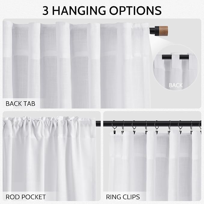 Snow White Linen Curtains 102 Inches Long for Living Room Light Filtering Semi Sheer Curtain Back Tab Luxury Neutral Modern Farmhouse Decor Floor to Ceiling Neutral Drapes for Bedroom 52x102,2 Panels