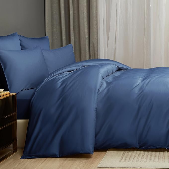 Slate Blue Cotton Duvet Cover Set King 100% Long-Staple Cotton Sateen Bedding Set, Soft Breathable Smooth Organic Pure Cotton Plain Comforter Cover, Luxury Minimalist Bedroom Decor for All Season