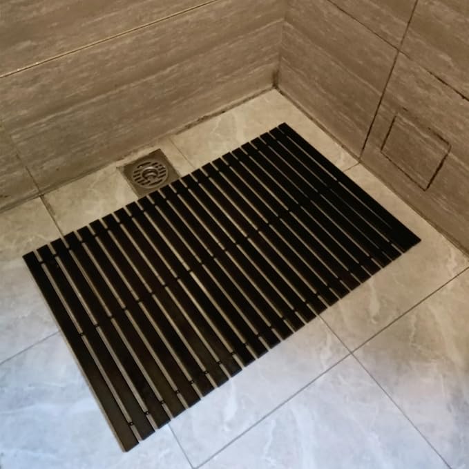 HJJKKH Bath Mat, Wooden Bathroom Mat Rayon Derived from Bamboo 23.6"x15.7", Rollable Non-Slip Floor Mat, Wooden Shower Mat for Bathroom, Bathtub, Spa, Sauna, Hot Tub & Outdoor Use - Black