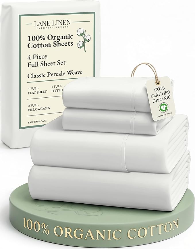 LANE LINEN 100% Organic Cotton Full Sheets Set 4-Piece Pure Percale Long Staple Soft Bedding Breathable Fits Mattress Upto 15" Deep - Glacier Grey