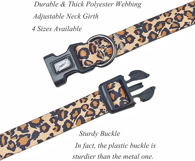 Dog Collar Leash Set, Leopard Pattern, Polyester Material, Adjustable Collar and 5ft Matching Leash, for Small Dogs.(S, Brown Leopard)