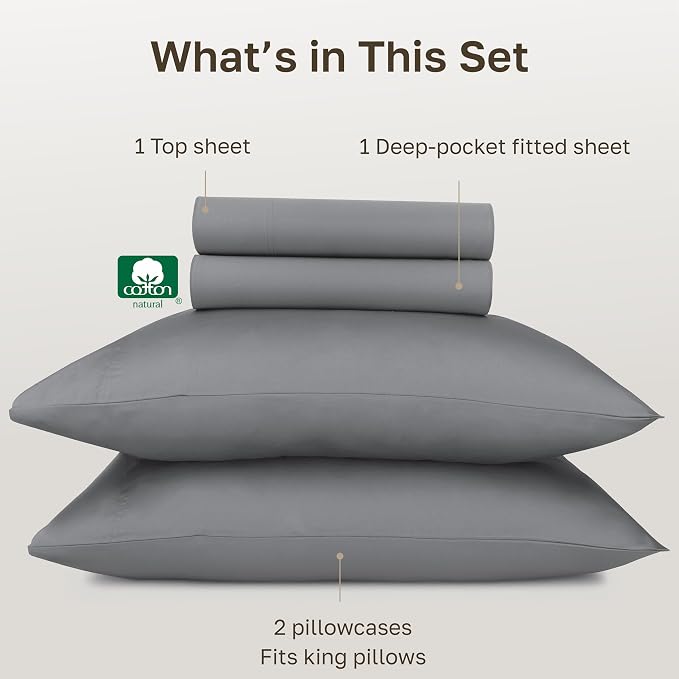 California Design Den King Size Sheets Set - Certified 100% Egyptian Cotton Sheets King Size, Soft Sateen, Deep Pockets, Durable Bedding - Ultimate Grey