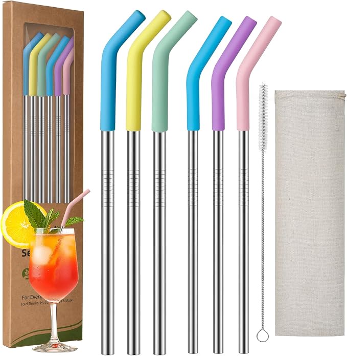 2 Size Stainless Steel Straw with Silicone Tip 6 Pack, 9 inch Reusable Metal Drinking Straws for Cocktail Glasses, 20 30 32oz Tumblers Cups, Smoothies, with Cleaning Brush & Portable Bag