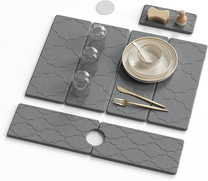 3 PCS Large Stone Dish Drying Mat for Kitchen Counter -24"x16" Absorbent Diatomaceous Earth Mat with Stone Faucet Mat & Soap Tray - Quick Dry, Collapsible, Non-Slip Countertop Organizer