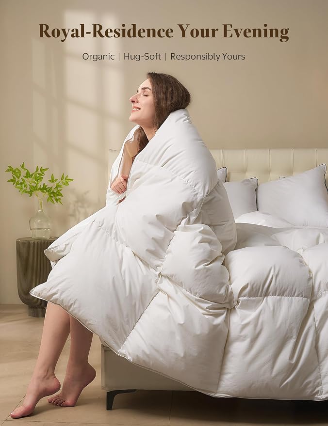 BPC Goose Feather Down Fiber Comforter Twin Size – 100% Organic Cotton Cover, 750 Fill Power Extra Fluffy All Season Duvet Insert, Medium Warmth (68"x90", White)