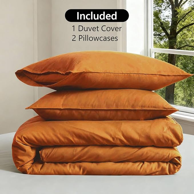FALUCA French Linen Blend Duvet Cover Set 3Pcs King (104"x92") - Soft, Breathable, Cooling Farmhouse Bedding for Hot Sleeper (King, Rust)