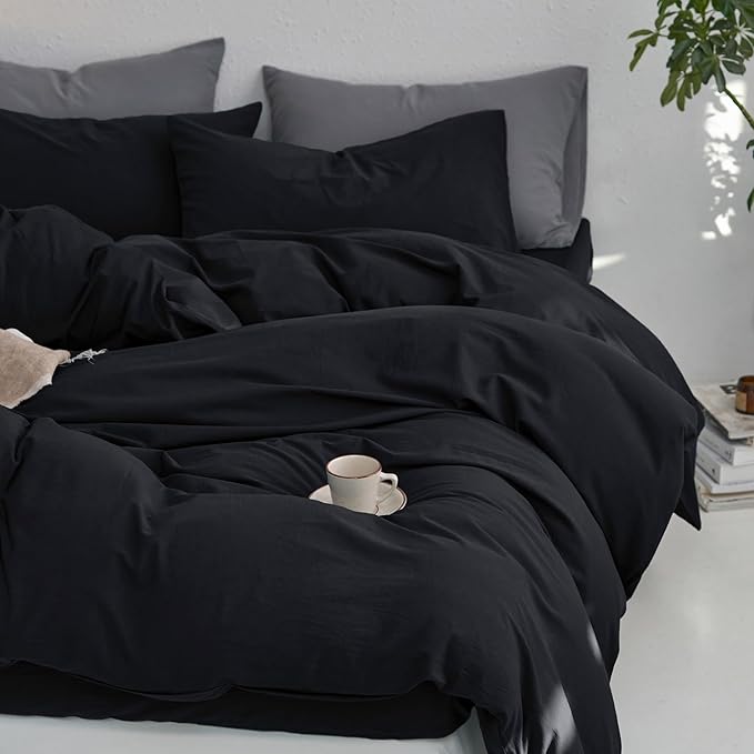 MooMee King Duvet Cover Set, 100% Washed Cotton Linen Like Twill Thick Sturdy Material Super Soft Breathable Durable Bedding for All Season, 3 Pieces (Black, King 104"x90")