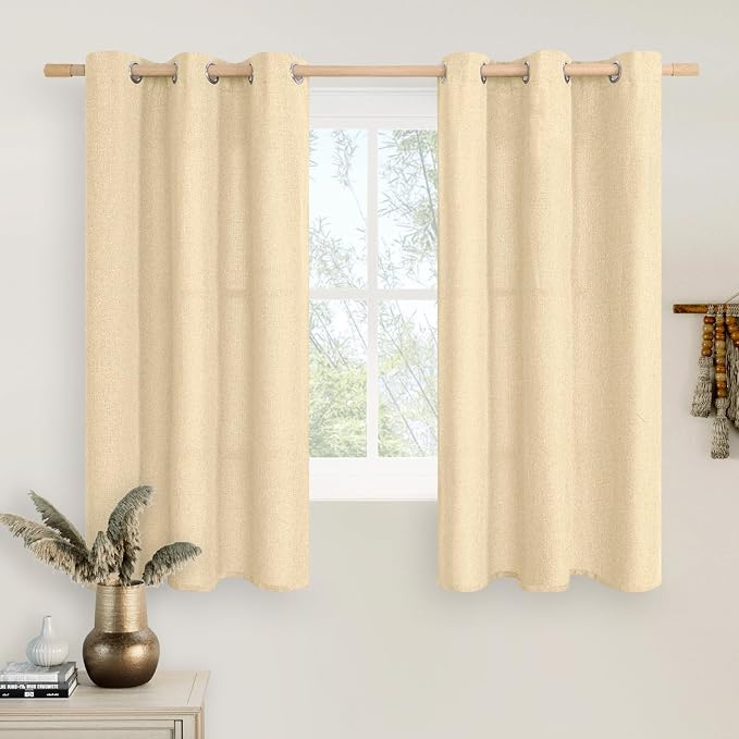 LAMIT Sand Linen Curtains for Small Windows 45 Inch Length 2 Panels, Thick Linen Textured Privacy Panels Grommet Light Filtering Burlap Drapes for Kitchen/Bedroom/Bathroom, 42 x 45 Inch
