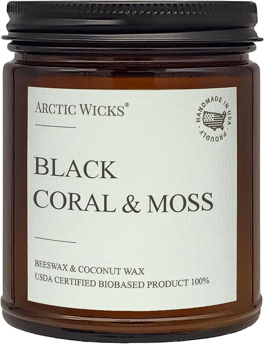 Arctic Wicks Scented Coconut Beeswax Candles | Coconut Beeswax Non Toxic Candle 9oz Amber | Farmhouse Candles Non-Toxic Clean Burn 100% USDA Certified Biobased (Black Coral & Moss)