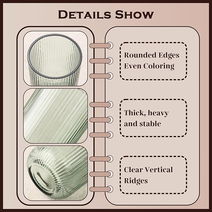 Green Ribbed Highball Glasses Set of 6, 13.2oz Sage Green Colored Glassware, Drinking Glasses for Water, Juice, Iced Coffee, Cocktails, Green Glass Cups, Housewarming Christmas Gift