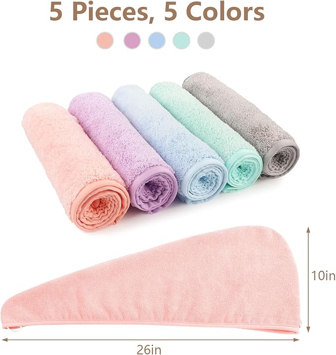 AIDEA Microfiber Hair Towel Wrap, 5 Pack Hair Turbans, Super Absorbent Quick Dry Hair Towel Wrap for All Hair Types Anti Frizz, 26"×10"