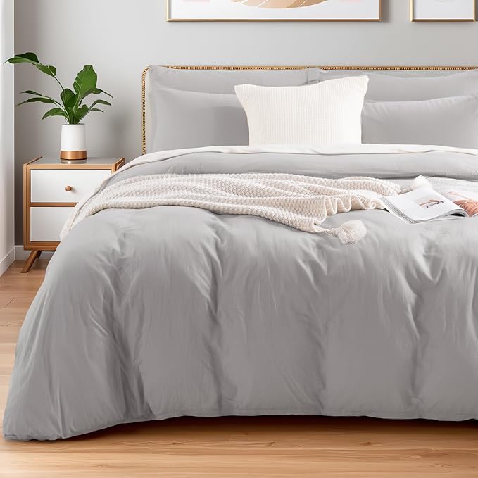 NEXHOME PRO Duvet Cover Set Kids Twin Size Linen Feel Textured Organic Natural 100% Washed Cotton Duvet Cover 2 Pieces Bedding Set with Zipper Closure, Breathable, Soft, Light Grey (No Comforter)