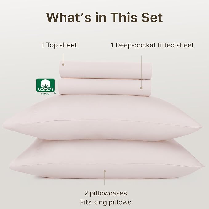 California Design Den King Sheet Set - Certified 100% Egyptian Cotton King Size Sheets Deep Pocket Set, Soft Sateen, Durable Bedding - Soft Rose