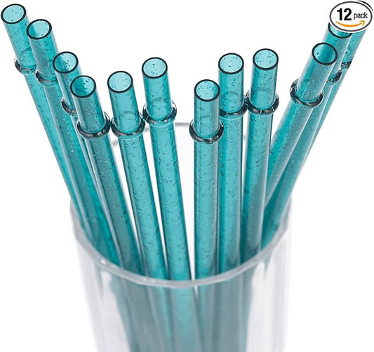 Dakoufish BPA-Free 12 Piece 11 Inch Reusable Clear Plastic Glitter Sparkle Drinking Straw Plus one Cleaning Brush (Teal,11inch)
