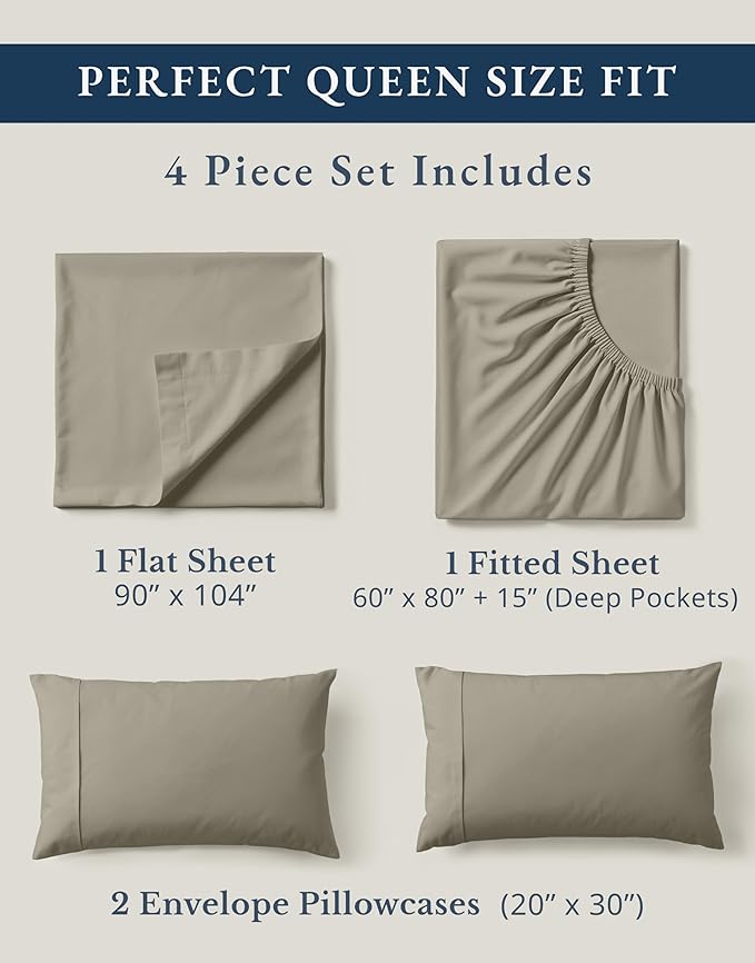 LANE LINEN 100% Organic Cotton Mercerized Queen Sheets, Soft & Comfy Naturally Cooling Cotton Sheets Queen Size Set, Classic Percale Weave Low Pill Fade Resistant Queen Bed Sheets- Silver