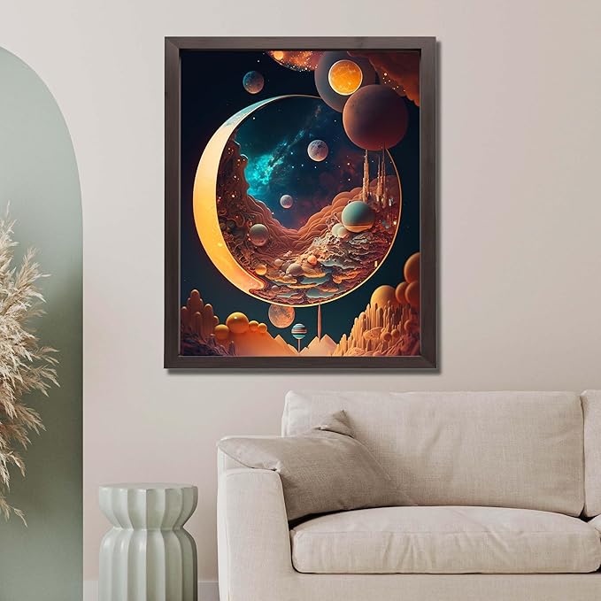 InkFlow Posters Cosmic Crescent Moon Poster - Dreamy Space Art with Planets and Stars - Surreal Outer Space Landscape for Bedroom, Living Room, Home - 16x20 Unframed Canvas Print