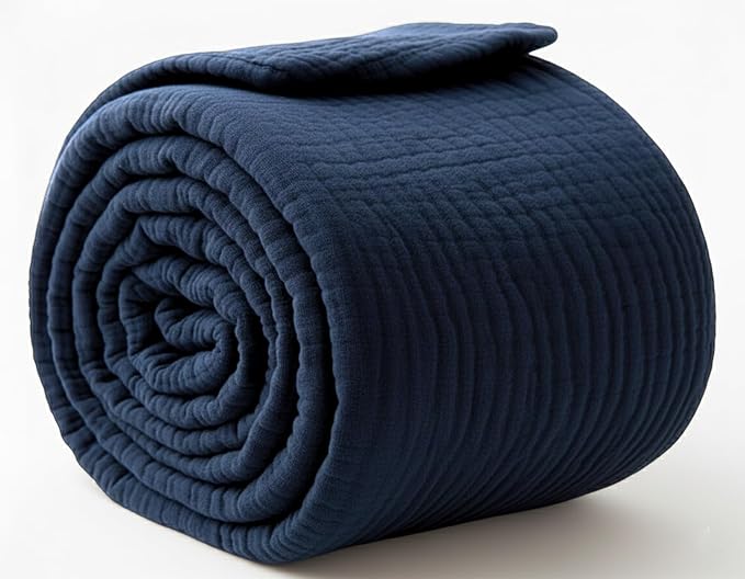 KyraHome 100% Organic Cotton Throw Blanket, 50"x60", Pre-Washed Plant Dyed, Breathable, Lightweight Gauze Muslin Blanket for Adult, Couch, Bed, Travel, All Season (Navy)